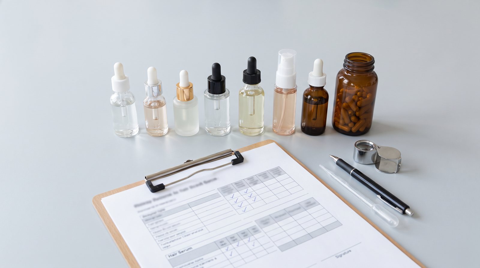 Hair growth serums lined up for testing